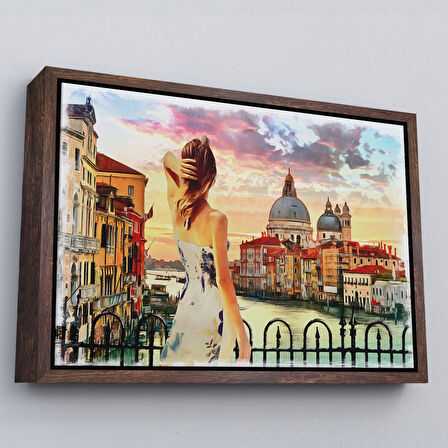 Kahverengi Çerçeveli Venedik te Kanala Bakan Kız Yağlıboya Görünüm Dekoratif Kanvas Duvar Tablosu