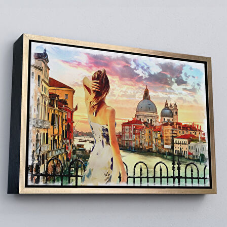 Kahverengi Çerçeveli Venedik te Kanala Bakan Kız Yağlıboya Görünüm Dekoratif Kanvas Duvar Tablosu