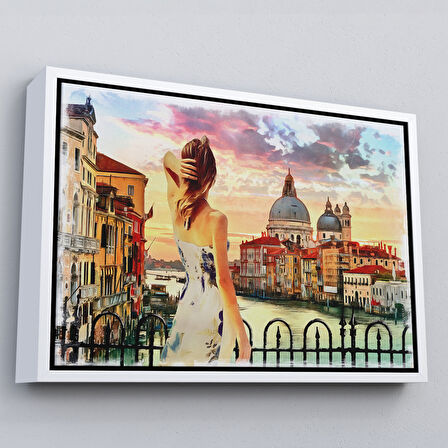 Kahverengi Çerçeveli Venedik te Kanala Bakan Kız Yağlıboya Görünüm Dekoratif Kanvas Duvar Tablosu