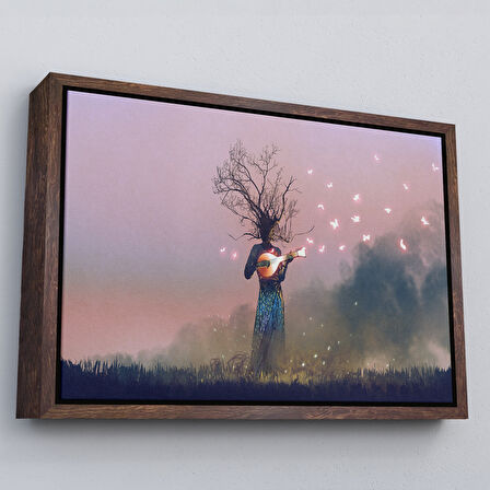 Kahverengi Çerçeveli Geceyarısı Ud Çalan Kadın Kanvas Tablo