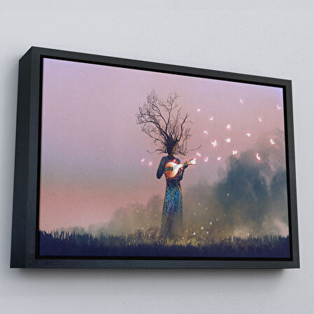 Kahverengi Çerçeveli Geceyarısı Ud Çalan Kadın Kanvas Tablo