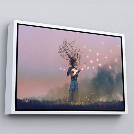 Kahverengi Çerçeveli Geceyarısı Ud Çalan Kadın Kanvas Tablo