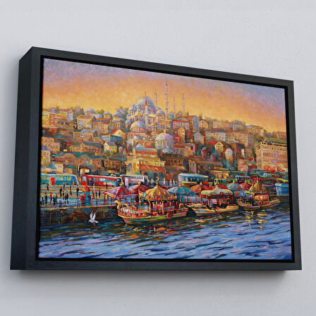 Altın Çerçeveli Eminönü Balıkçı Tekneleri Yağlıboya Görünümlü Kanvas Tablo