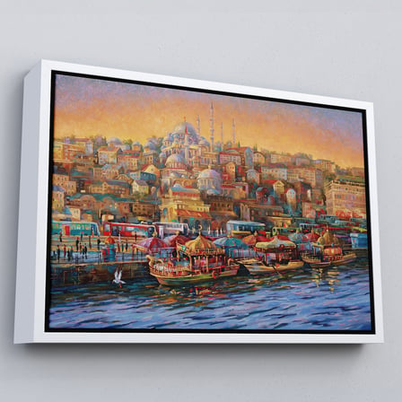 Kahverengi Çerçeveli Eminönü Balıkçı Tekneleri Yağlıboya Görünümlü Kanvas Tablo