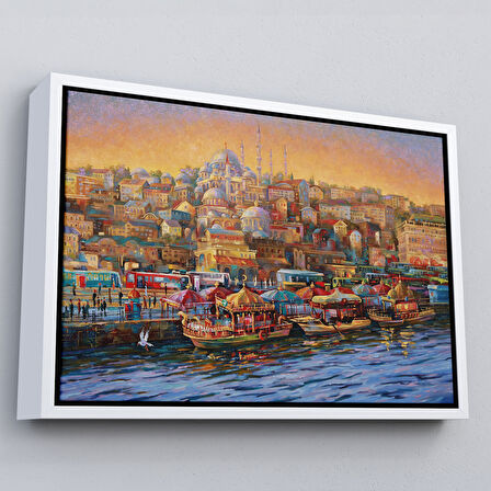 Siyah Çerçeveli Eminönü Balıkçı Tekneleri Yağlıboya Görünümlü Kanvas Tablo
