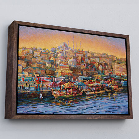 Siyah Çerçeveli Eminönü Balıkçı Tekneleri Yağlıboya Görünümlü Kanvas Tablo