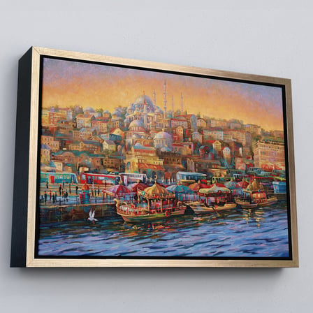 Kahverengi Çerçeveli Eminönü Balıkçı Tekneleri Yağlıboya Görünümlü Kanvas Tablo