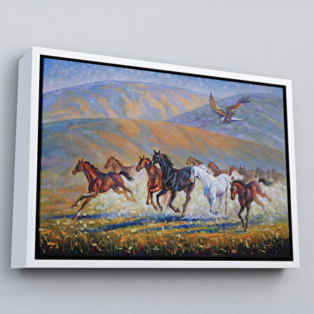Beyaz Çerçeveli At Sürüsü ve Kartal Yağlıboya Görünüm Dekoratif Kanvas Duvar Tablosu