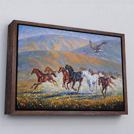 Beyaz Çerçeveli At Sürüsü ve Kartal Yağlıboya Görünüm Dekoratif Kanvas Duvar Tablosu