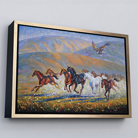 Beyaz Çerçeveli At Sürüsü ve Kartal Yağlıboya Görünüm Dekoratif Kanvas Duvar Tablosu