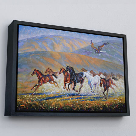 Beyaz Çerçeveli At Sürüsü ve Kartal Yağlıboya Görünüm Dekoratif Kanvas Duvar Tablosu