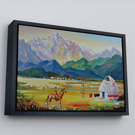 Altın Çerçeveli Kazakistan da Bir Göçebe Çadırı Yağlıboya Görünüm Dekoratif Kanvas Duvar Tablosu