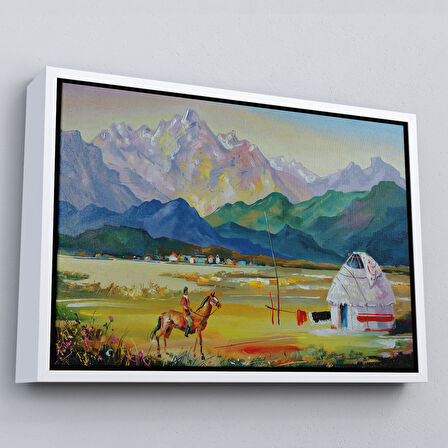 Altın Çerçeveli Kazakistan da Bir Göçebe Çadırı Yağlıboya Görünüm Dekoratif Kanvas Duvar Tablosu