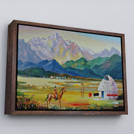 Altın Çerçeveli Kazakistan da Bir Göçebe Çadırı Yağlıboya Görünüm Dekoratif Kanvas Duvar Tablosu