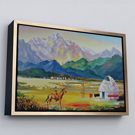 Kahverengi Çerçeveli Kazakistan da Bir Göçebe Çadırı Yağlıboya Görünüm Dekoratif Kanvas Duvar Tablosu