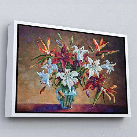 Siyah Çerçeveli Zambak Çiçekleri Yağlıboya Görünüm Dekoratif Kanvas Duvar Tablosu