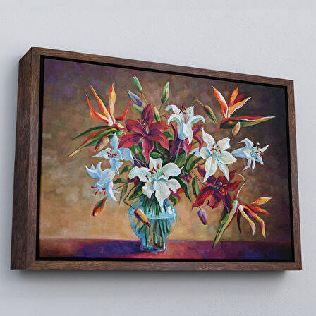 Siyah Çerçeveli Zambak Çiçekleri Yağlıboya Görünüm Dekoratif Kanvas Duvar Tablosu