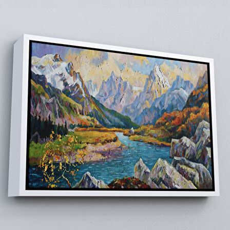 Siyah Çerçeveli Kafkas Dağları Manzaralı Yağlıboya Görünüm Dekoratif Kanvas Duvar Tablosu