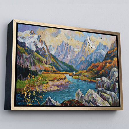 Siyah Çerçeveli Kafkas Dağları Manzaralı Yağlıboya Görünüm Dekoratif Kanvas Duvar Tablosu