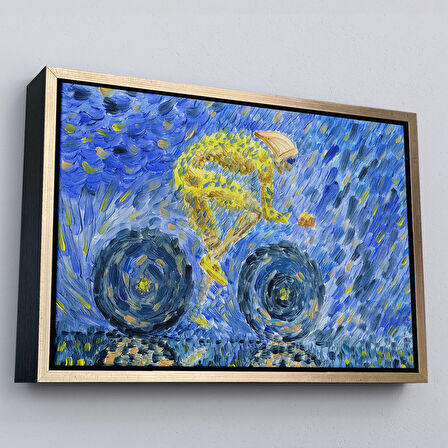 Beyaz Çerçeveli Yağmurda Süren Bisikletçi Yağlıboya Görünüm Dekoratif Kanvas Duvar Tablosu