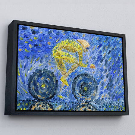 Beyaz Çerçeveli Yağmurda Süren Bisikletçi Yağlıboya Görünüm Dekoratif Kanvas Duvar Tablosu