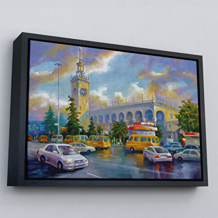 Siyah Çerçeveli Soçhi Tren İstasyonu Yağlıboya Görünüm Dekoratif Kanvas Duvar Tablosu