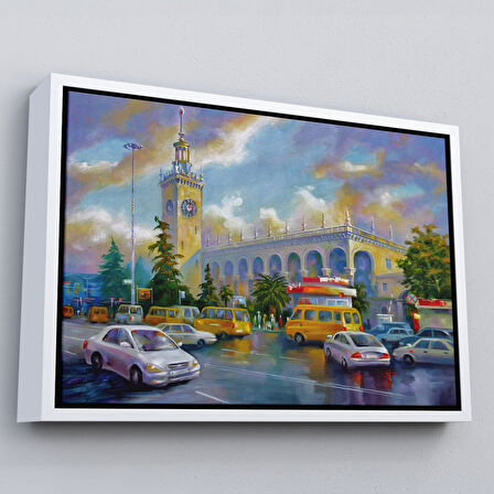 Siyah Çerçeveli Soçhi Tren İstasyonu Yağlıboya Görünüm Dekoratif Kanvas Duvar Tablosu