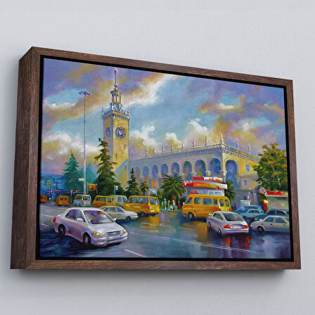 Siyah Çerçeveli Soçhi Tren İstasyonu Yağlıboya Görünüm Dekoratif Kanvas Duvar Tablosu