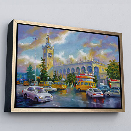 Siyah Çerçeveli Soçhi Tren İstasyonu Yağlıboya Görünüm Dekoratif Kanvas Duvar Tablosu