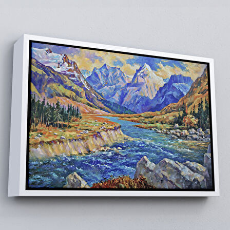 Beyaz Çerçeveli Kafkas Dağları Manzaralı Yağlıboya Görünüm Dekoratif Tablo