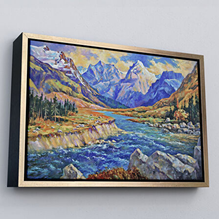 Beyaz Çerçeveli Kafkas Dağları Manzaralı Yağlıboya Görünüm Dekoratif Tablo
