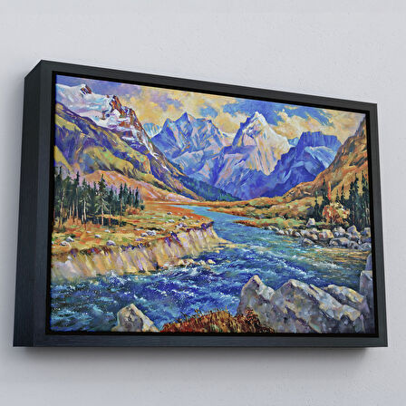 Beyaz Çerçeveli Kafkas Dağları Manzaralı Yağlıboya Görünüm Dekoratif Tablo