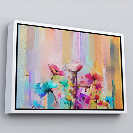 Altın Çerçeveli Fırça Darbeli Soyut Çiçek Yağlıboya Görünüm Kanvas Tablo