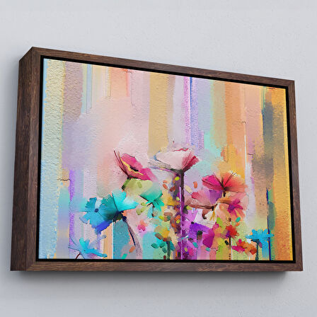 Altın Çerçeveli Fırça Darbeli Soyut Çiçek Yağlıboya Görünüm Kanvas Tablo