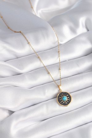 316L Çelik Gold Renk Mavi Boncuk Güneş İşleme Madalyon Model Kadın Kolye 5886