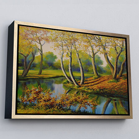 Kahverengi Çerçeveli Nehir Manzaralı Yağlıboya Görünüm Dekoratif Kanvas Duvar Tablosu