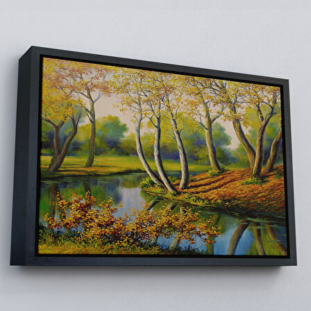 Kahverengi Çerçeveli Nehir Manzaralı Yağlıboya Görünüm Dekoratif Kanvas Duvar Tablosu