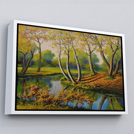 Kahverengi Çerçeveli Nehir Manzaralı Yağlıboya Görünüm Dekoratif Kanvas Duvar Tablosu