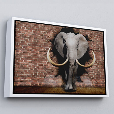 Siyah Çerçeveli Duvardan Çıkan Fil Dekoratif Kanvas Duvar Tablosu