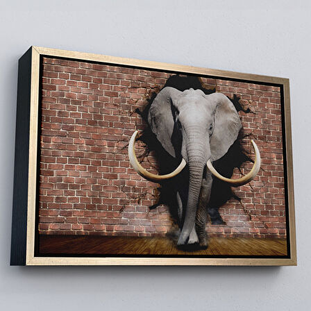 Siyah Çerçeveli Duvardan Çıkan Fil Dekoratif Kanvas Duvar Tablosu