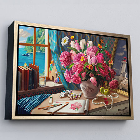 Altın Çerçeveli Deniz Manzaralı Yağlıboya Görünüm Dekoratif Kanvas Tablo