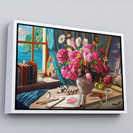 Altın Çerçeveli Deniz Manzaralı Yağlıboya Görünüm Dekoratif Kanvas Tablo