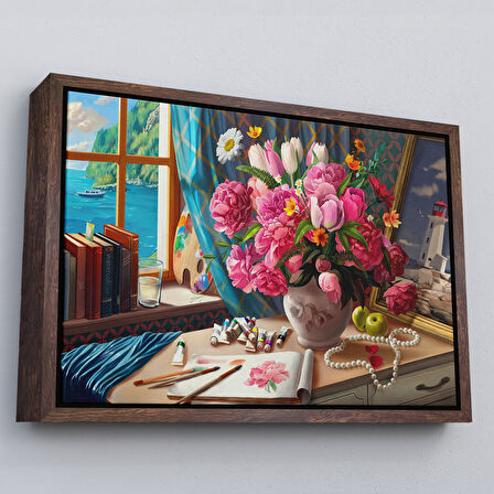 Beyaz Çerçeveli Deniz Manzaralı Yağlıboya Görünüm Dekoratif Kanvas Tablo