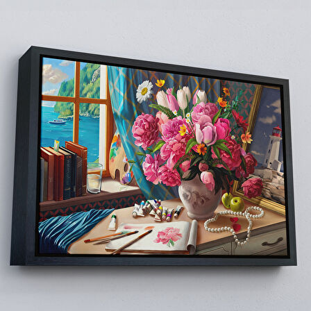 Siyah Çerçeveli Deniz Manzaralı Yağlıboya Görünüm Dekoratif Kanvas Tablo