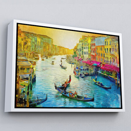 Altın Çerçeveli İtalya Venedik Gondol Manzarası Yağlıboya Görünüm Dekoratif Kanvas Duvar Tablosu