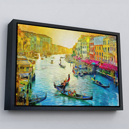 Beyaz Çerçeveli İtalya Venedik Gondol Manzarası Yağlıboya Görünüm Dekoratif Kanvas Duvar Tablosu