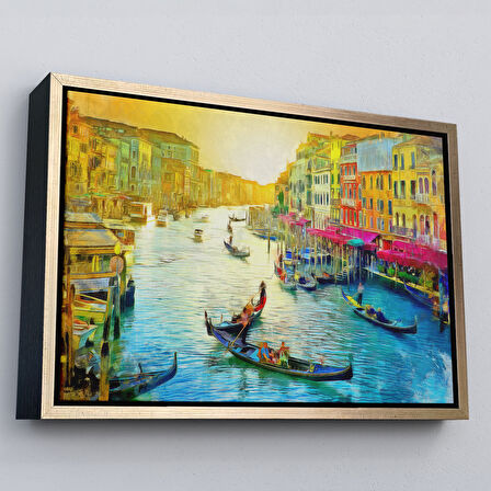 Kahverengi Çerçeveli İtalya Venedik Gondol Manzarası Yağlıboya Görünüm Dekoratif Kanvas Duvar Tablosu
