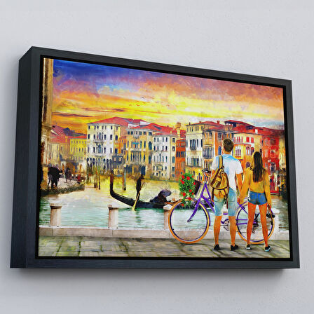 Altın Çerçeveli Venedik Kanalına Bakan Romantik Çift Yağlıboya Görünüm Kanvas Tablosu