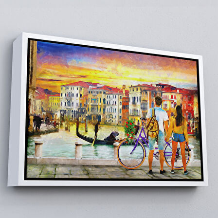 Altın Çerçeveli Venedik Kanalına Bakan Romantik Çift Yağlıboya Görünüm Kanvas Tablosu