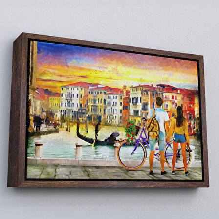 Altın Çerçeveli Venedik Kanalına Bakan Romantik Çift Yağlıboya Görünüm Kanvas Tablosu